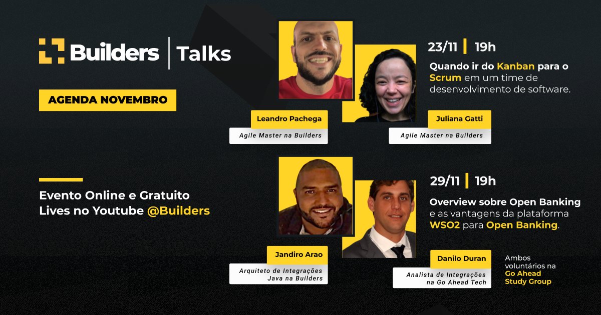 somosbuilders's tweet photo. Agenda de novembro do Builders Talks: liberada! ☑
🔹 23/11 às 19h. Inscreva-se: https://t.co/QFydigukUl

🔹29/11 às 19h. Inscreva-se: https://t.co/DXjMhXdad6

#builders #scrum #openbanking #kanban #tech #builderstalks https://t.co/043lKVTc5z