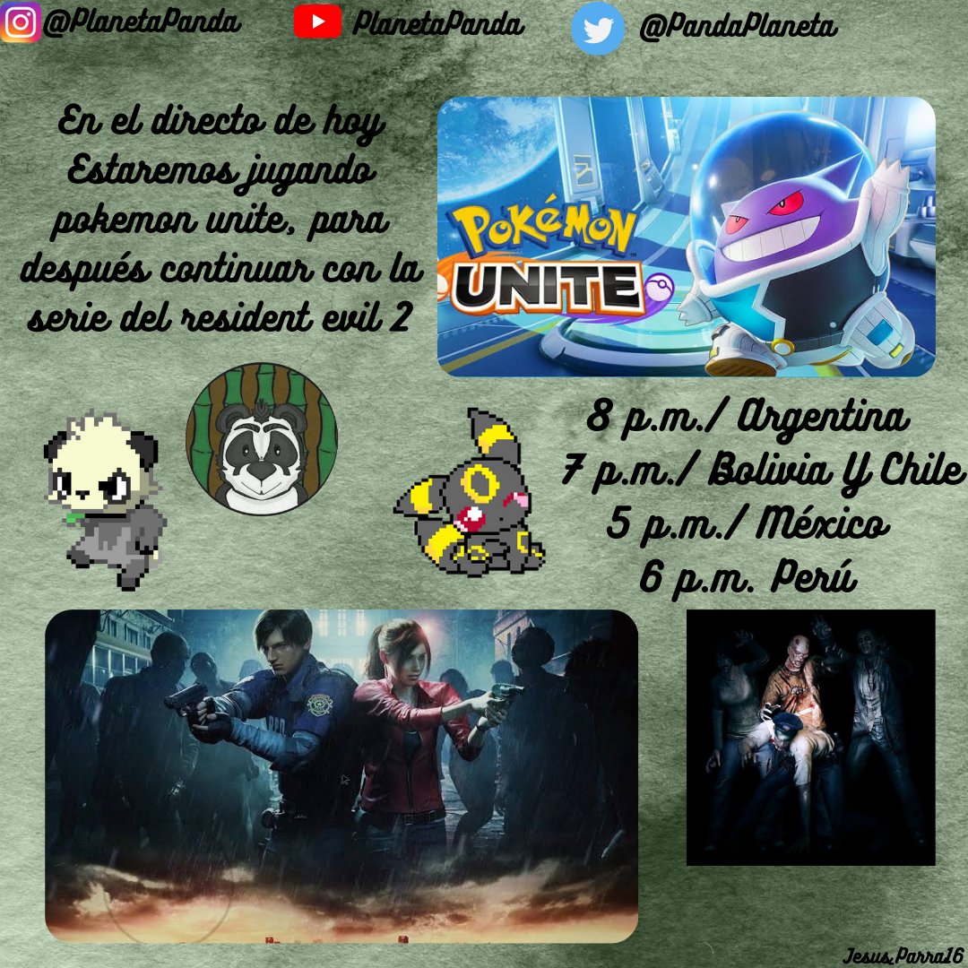 PandaPlaneta's tweet photo. Directo hoy de #pokemonunite y #residentevil2 en nuestra pag de Facebook 
https://t.co/9W48S23rTV https://t.co/TbVawOj8E9