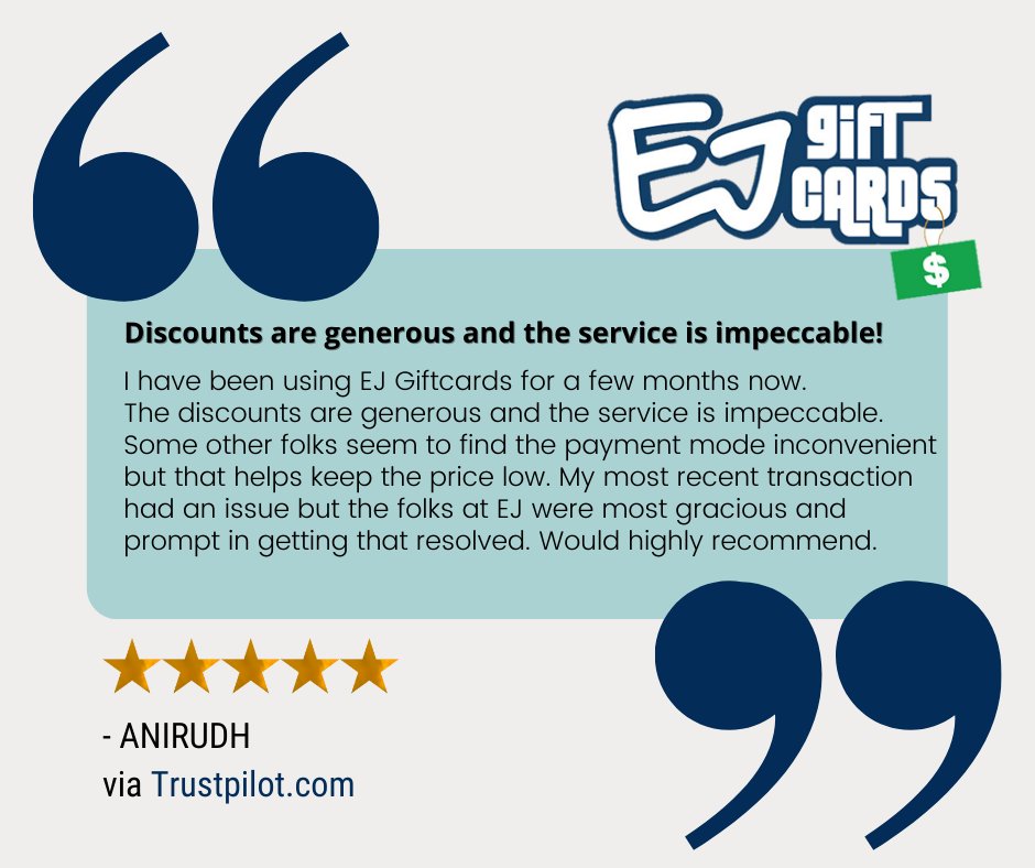 ejgiftcards's tweet photo. ANIRUDH gave Ejgiftcards 5stars via @Trustpilot 🥳💯https://t.co/czrCRKCTs9 
"I have been using EJGiftcards for a few months now. The discounts are generous and the service is impeccable..."👌🙌 https://t.co/l9HvtSfRfD