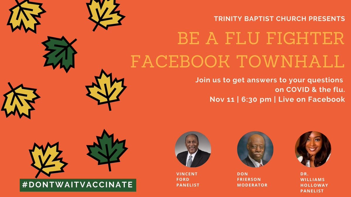 TBC_TeamTrinity's tweet photo. Trinity Baptist Church presents Be A Flu Fighter: A Facebook Townhall event on November 11th at 6:30 pm.

This town hall event will be live on Facebook and free to everyone.

https://t.co/o5mLqF4Sgx

#TEAMTRINITY
#DONTWAITVACCINATE https://t.co/VLTVPKcck4