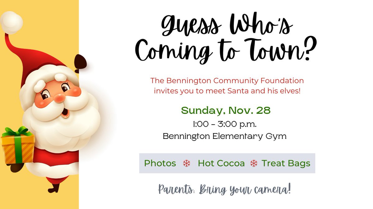 benncommfound's tweet photo. That's right! The big man in red is making his annual visit to Bennington on November 28, and we can't wait. Grab your kiddos and your cameras, and join us! More details at: https://t.co/l4aEBrIKrf https://t.co/vmdwSV801r