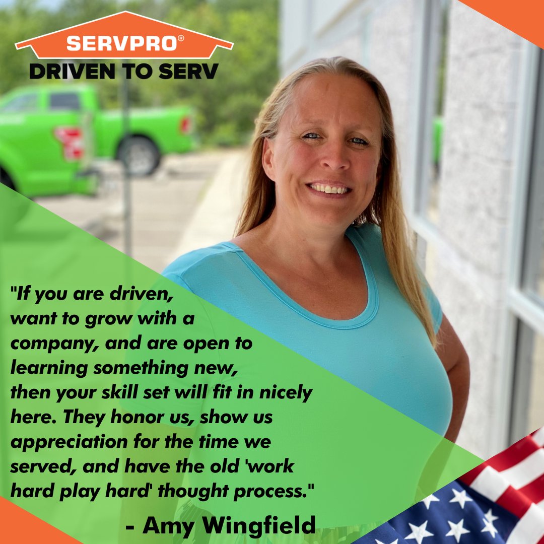 As a proud employer of our nation’s veterans, we invite anyone interested in building a career to join our #TeamBahen family. Currently hiring at our #SERVPRO of Chesterfield and #SERVPRO of Chesapeake locations. Check out our blog to hear Amy's story! bddy.me/3kave7w