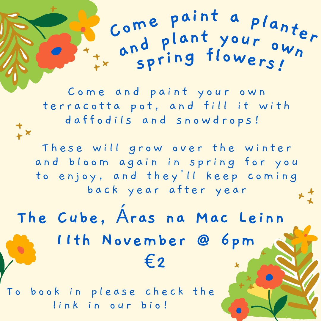 Well the winter may be dreary but this might help to brighten things up! Come and decorate your own pot, and then get some daffodil and snowdrop bulbs to fill them with 🌻🌷  ⁠Link to register is in our bio!
.
.
#NUIGWhatsOn #NUIG #organicgarden #organicgardening