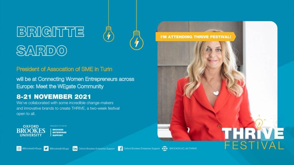 ApidTorino's tweet photo. Brigitte Sardo interverrà il 9/11/2021 al #ThriveFestival, l'evento online dedicato alla promozione della creatività e delle idee dei giovani. Per consultare il programma clicca sul link in basso👇:
https://t.co/reBgI7G8U5
#ItsTimeToThrive
@WEgateEU
@oxfordbrookes
#apiDonna https://t.co/v8Bnv0XBmO