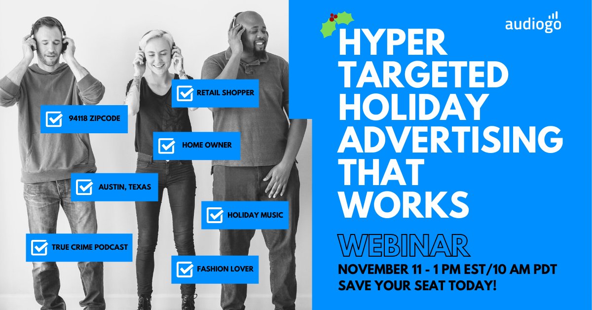 adswizz's tweet photo. Want to learn about effective hypertargeting audio campaign strategies for the holidays? Join @audiogoads next Thursday, November 11, at 1pm EST for this excellent webinar! https://t.co/4P4s5PAeJQ
#PoweredByAdsWizz #AudioGo #AudioAds https://t.co/s5GYXkTeIM
