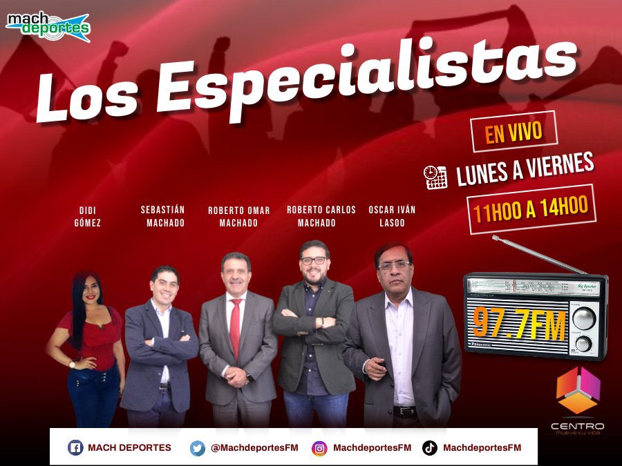 Machdeportes ✨ Gente Que Sabe De Radio (@machdeportesfm) on Twitter photo ¡EN VIVO!
#LosEspecialistas están en <a href="/CentroEcuador/">CentroEcuador</a> con la previa de la fecha 13 Fase 2 de la #LigaProBetcris
🎙️<a href="/MachadoRobertoO/">Roberto Omar Machado</a>
🎙️<a href="/Sebas_Machado/">Sebastian Machado</a>
🎙️ <a href="/RC_MACHADO182/">Roberto Carlos Machado</a>
🎙️<a href="/Oslamach/">Oscar Ivan Lasso M.</a>
🎙️<a href="/didigomezz/">Didi Gómez</a>
Escúchanos en
💻 machdeportes.com.ec
📱 tunein.com/radio/Machdepo… ¡EN VIVO!
#LosEspecialistas están en <a href="/CentroEcuador/">CentroEcuador</a> con la previa de la fecha 13 Fase 2 de la #LigaProBetcris
🎙️<a href="/MachadoRobertoO/">Roberto Omar Machado</a>
🎙️<a href="/Sebas_Machado/">Sebastian Machado</a>
🎙️ <a href="/RC_MACHADO182/">Roberto Carlos Machado</a>
🎙️<a href="/Oslamach/">Oscar Ivan Lasso M.</a>
🎙️<a href="/didigomezz/">Didi Gómez</a>
Escúchanos en
💻 machdeportes.com.ec
📱 tunein.com/radio/Machdepo…