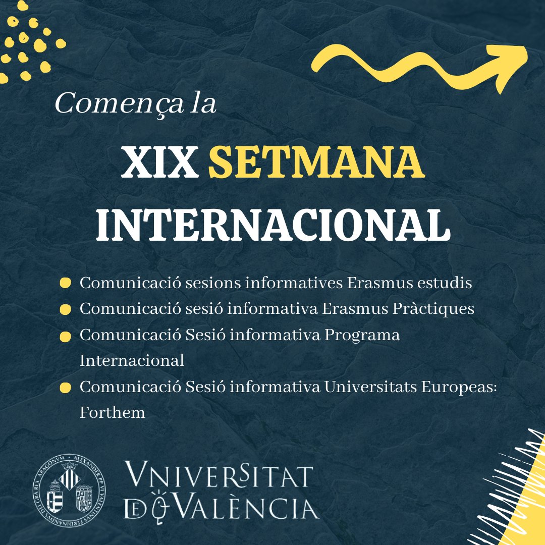 relint_UV's tweet photo. Arriba la Setmana Internacional!🌐Del 8 al 12 de novembre estarem donant sessions informatives, on es tractaran els temes següents: 
➡️Erasmus estudis
➡️Erasmus Pràctiques
➡️Programa Internacional
➡️ Universitats Europeas: Forthem 
https://t.co/MHmhnXZN1x https://t.co/fPTzSAvsDY