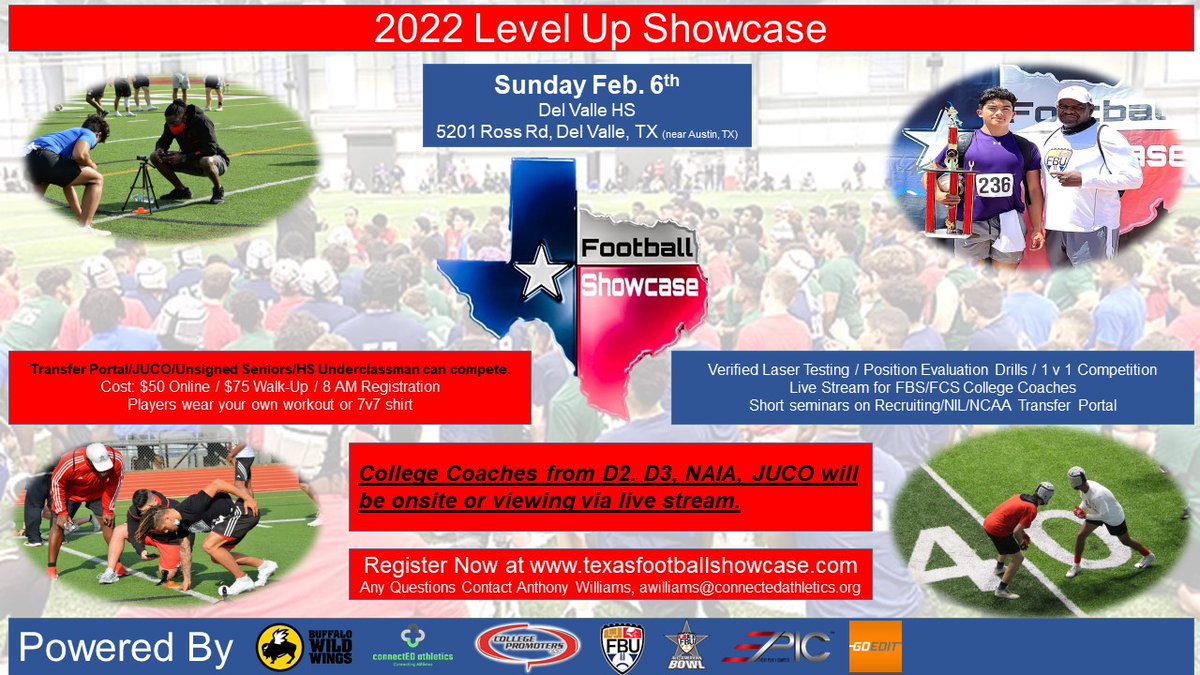Texas Football Showcase (@txfbshowcase) on Twitter photo ๐ฅBreaking News from <a href="/TXFBShowcase/">Texas Football Showcase</a> ๐ฅUnderclassmen, HS unsigned seniors, JUCO and Transfer portal players can attend and compete at the Level Up Showcase! Information, F.A.T combine tests, evaluation and competition drills. Reg. is open now.
Thanks to our host <a href="/DVCardinalsFB/">Del Valle Football</a> ๐ฅBreaking News from <a href="/TXFBShowcase/">Texas Football Showcase</a> ๐ฅUnderclassmen, HS unsigned seniors, JUCO and Transfer portal players can attend and compete at the Level Up Showcase! Information, F.A.T combine tests, evaluation and competition drills. Reg. is open now.
Thanks to our host <a href="/DVCardinalsFB/">Del Valle Football</a>