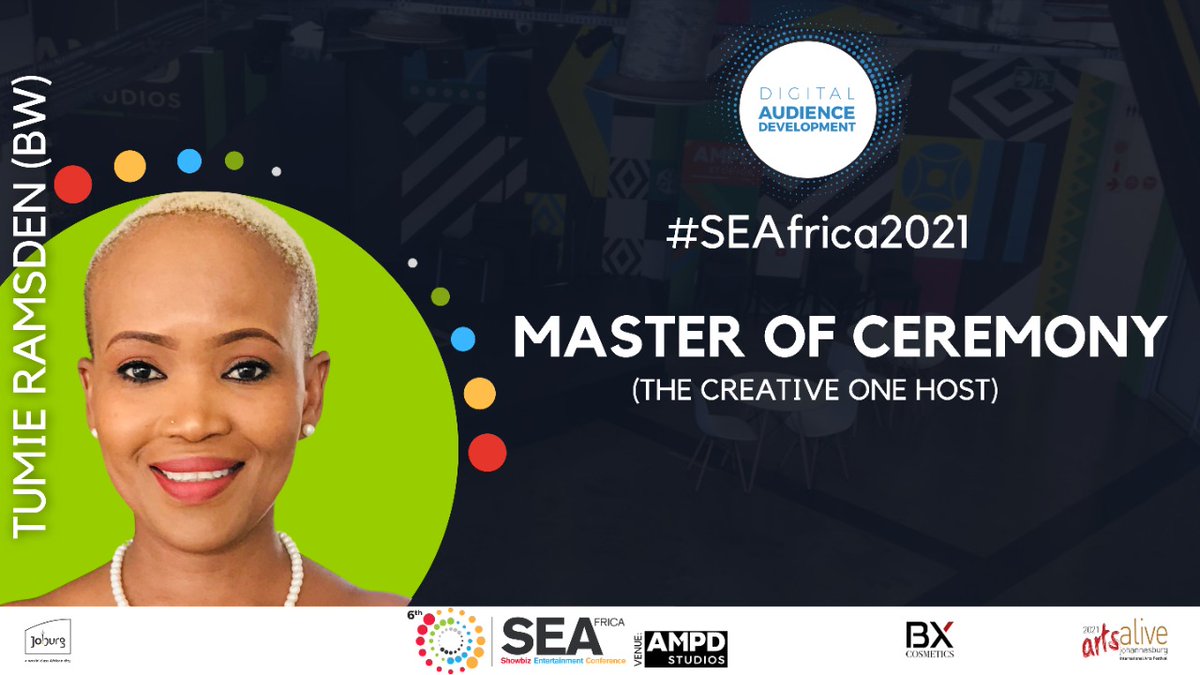 SEA_Africa's tweet photo. The multi award winning pride of Bostwana @tumieramsden will drive the jam packed proceedings from @AMPD Studio stage while behind The Creative One Podcast mic.
#Seafrica2021 #digitalaudiencedevelopment
@Arts_Alive @EBWMagazine @cipabw
https://t.co/nf4P07sIC0 https://t.co/J9OqjCwSjn