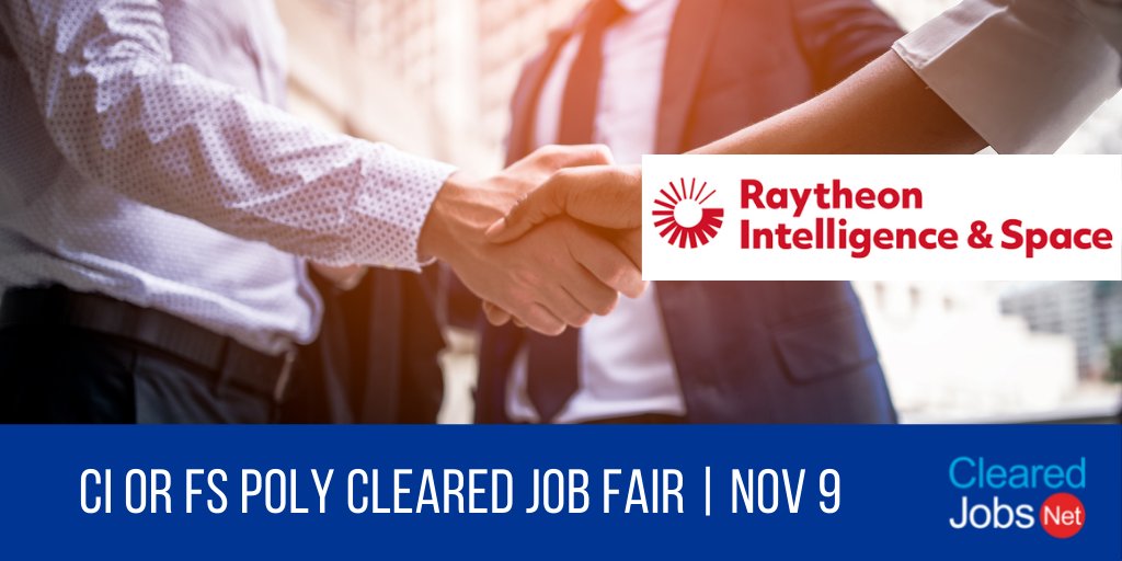 ClearedJobsNet's tweet image. Talk to @RaytheonIntel at the November 9 CI or FS Polygraph #ClearedJobFair clearedjobs.net/job-fair-compa… #JIRAEngineer #ApplicationsDeveloper