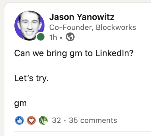 RT @JasonYanowitz: Bankers on LinkedIn like wtf is gm https://t.co/IECBgRVKgj