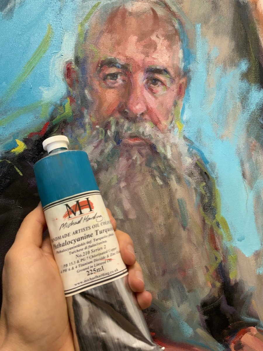 Love a bit of <a href="/mhoilpaints/">Michael Harding</a> Phthalocyanine Turquoise on a portrait. Great cool colour to balance out the warmth of the skin tones. 
Work-in-progress oil on canvas 80x60cm #oil #painting #portrait #paint #allaprima