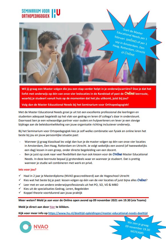 RiaGoedhart's tweet photo. Dinsdag 9 november organiseren wij om 19.30 uur een online informatiebijeenkomst over de Master Educational Needs van de Hogeschool Utrecht. Nieuwsgierig? Meld je aan via https://t.co/teX3A9BCN0
En we hebben goed nieuws, want je kunt met de online variant ook in februari starten! https://t.co/0zagMAyC7m