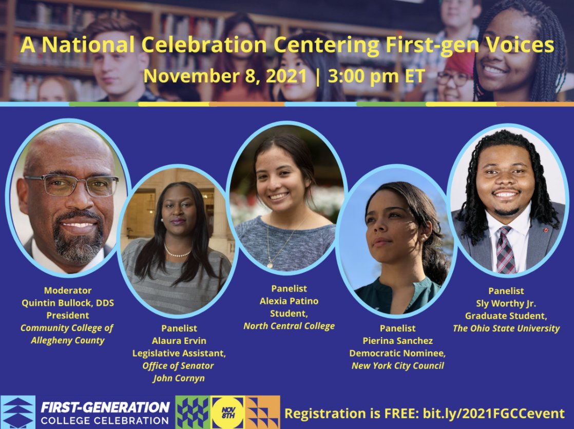 First off, HAPPY (early) FIRST GEN TO COLLEGE DAY EVERYONE!! Celebrate on Nov. 8 by attending this panel hosted by @FirstgenCenter . This event will feature a panel of first-gen students &amp; graduates sharing insight into their experiences. You never know what tips you'll learn!