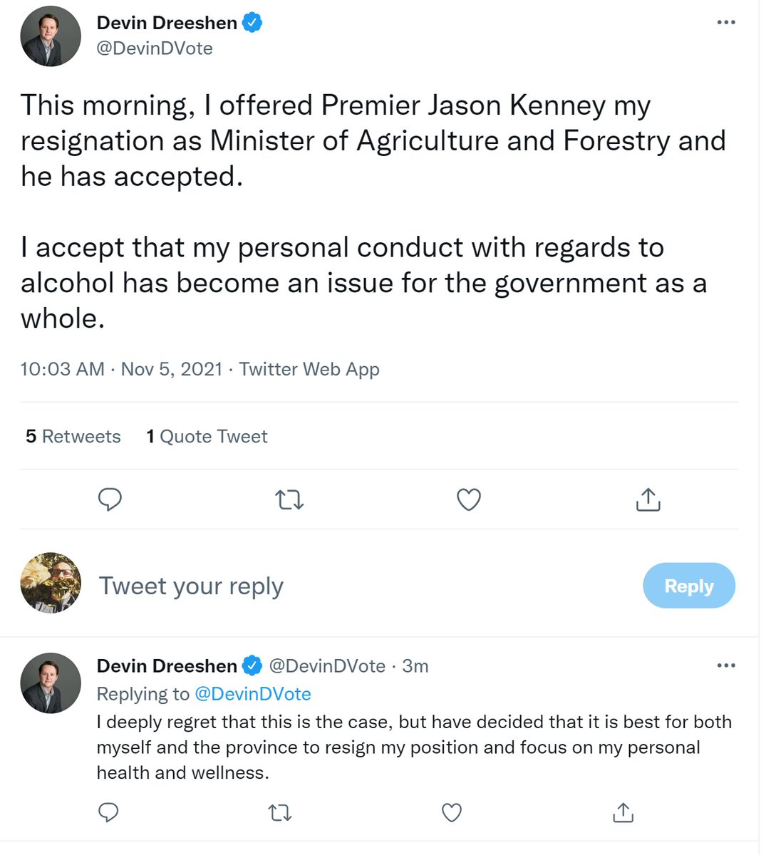 cspotweet's tweet photo. BREAKING:

Devin Dreeshen resigns from his cabinet post after admitting his drinking has become an issue for the government.

Will now focus on personal well-being and health. 

#yeg #yyc #ableg https://t.co/tDlRL2SyNE