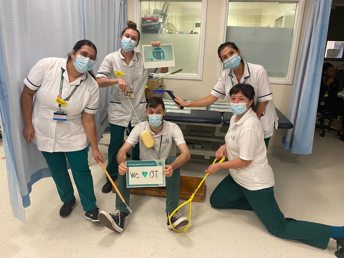 Our lovely OTs on Graham Stroke Unit, Jenny, Yildiz, Haiyfah, Angela and Sam, posing with long handled aids that patients might use to be independent in self care. #OTweek2021 #strokerehab #brilliantcolleagues https://t.co/xwrP4pBmse