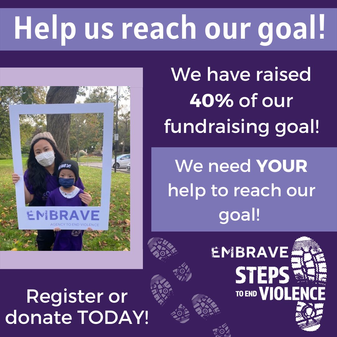Embrave_ca's tweet photo. We have raised 40% or our fundraising goal, but we are going to need YOUR help to reach our goal!
Your donation to our Steps to End Violence campaign will provide critical support to survivors of gender-based violence in our community.
https://t.co/AI24ggbHQx
#MakeUrMove https://t.co/STIFz3YmAm