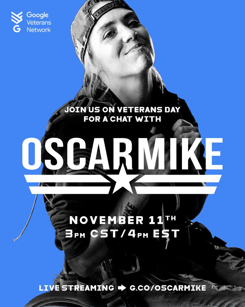 Join #GoogleVetNet this #VeteransDay to welcome #USMC veteran <a href="/OM_NoAh/">Noah Currier</a> to discuss how a second chance at life led to the inception of <a href="/WeAreOscarMike/">Oscar Mike</a>, the company &amp; foundation that helps injured veterans get #OnTheMove. Tune in at 1 PM PST on Nov 11 g.co/OscarMike