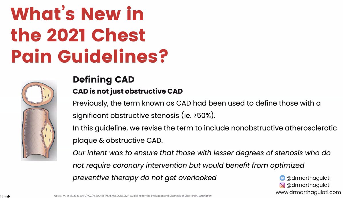 New 2021 #CPGuideline - the presence of coronary atherosclerosis/non-obstructive is now part of CAD definition - one of the most important changes highlighted by @DrMarthaGulati 
#YesCCT @Heart_SCCT 
@AChoiHeart @RonBlankstein @MBittencourtMD @EricWillMD