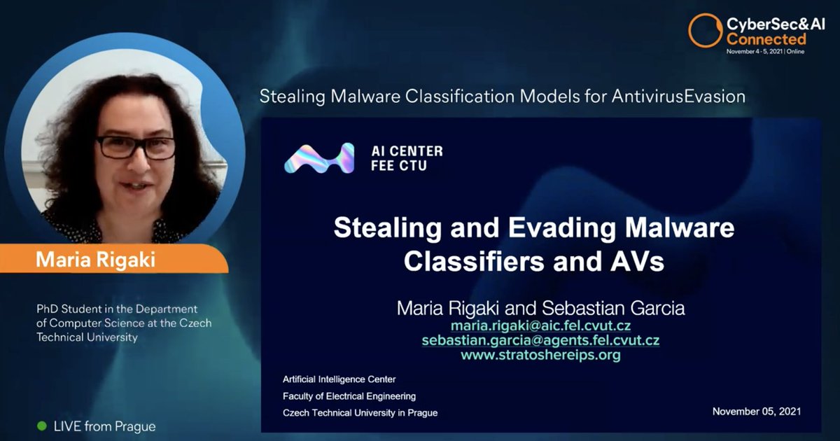CyberSecAI's tweet image. ⏰The last workshop of this year&apos;s CyberSec&amp;amp;AI  Connected is about to start!  @mrigaki from @CVUTPraha is presenting: Stealing Malware Classification Models for Antivirus Evasion. #CyberSecAI