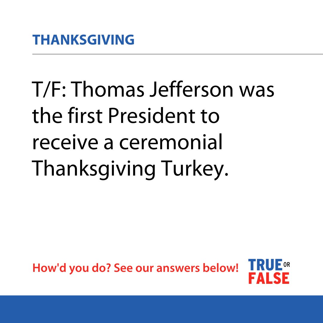 ServiceChampsS's tweet photo. T/F: Thomas Jefferson was the first President to receive a ceremonial Thanksgiving Turkey?

Answer: Harry S. Truman

#thanksgiving #trueorfalse #trivia #HVAC #plumbing #holidays https://t.co/2vFt4qf77X