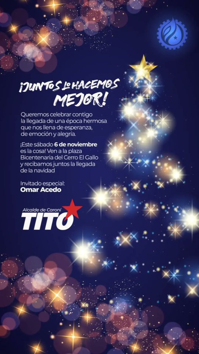 AlcaldiaCaroni's tweet photo. Estamos felices de anunciar el encendido navideño que tanto nos caracteriza como guayaneses.
Junto con @OviedoPSUV y el invitado especial, @omaracedo, recibiremos la navidad este sábado #06nov en la plaza Bicentenaria del Cerro del Gallo. #VamosCiudadGuayana https://t.co/RVB1iaA2DK