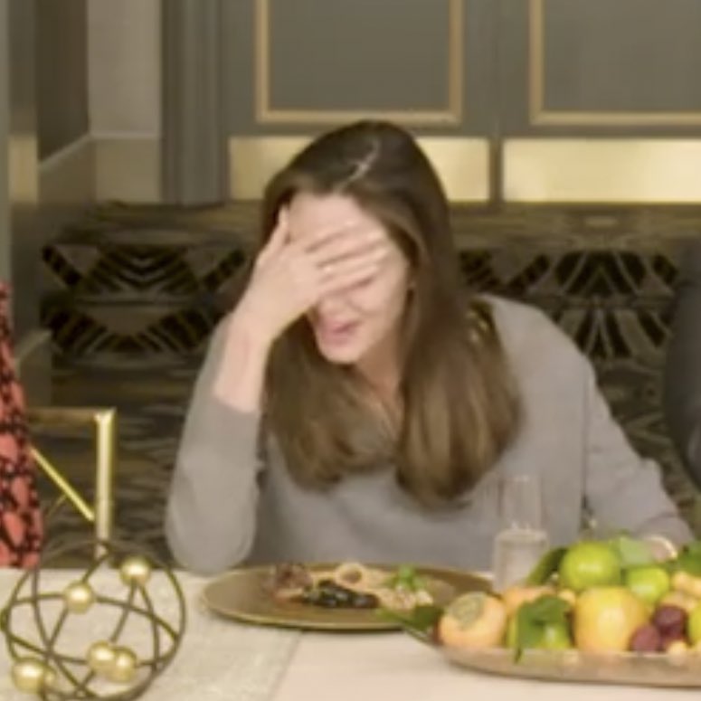 angelina jolie, an academy awards winner, being so embarassed when people give her compliment oil on canvas: