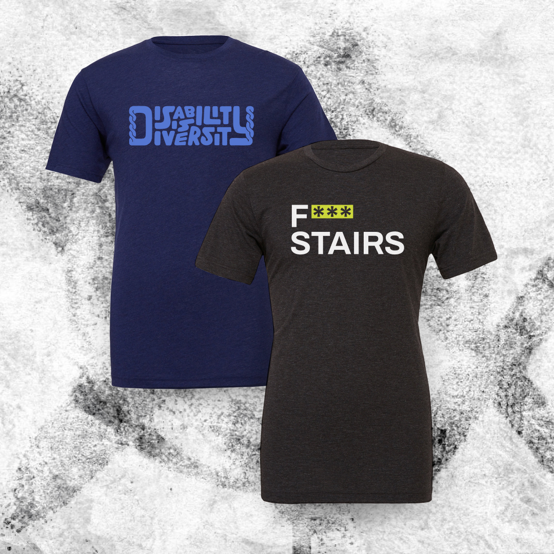CripRiot's tweet photo. Our F*** Stairs and Disability IS Diversity shirts are now IN STOCK! They might just be the perfect holiday gift for your disability ally friends, disabled friends, and your goddamn self. 

Match our super stylish team and get yours today at the link in our bio. https://t.co/wMvJ3lknhQ