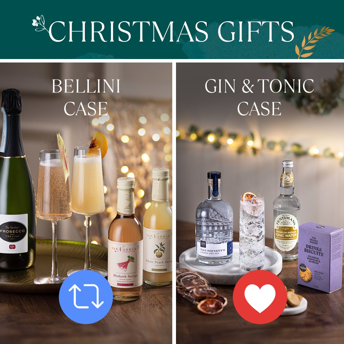 It's almost the Christmas season and it's time for you to VOTE for your favourite food and wine pairing gift! Which one will you choose?

🔁 - Bellini Case
❤️ - Gin &amp; Tonic Case

Use the buttons below to vote and take a look at our Christmas Gifts here: ow.ly/m4qm50GHaeP