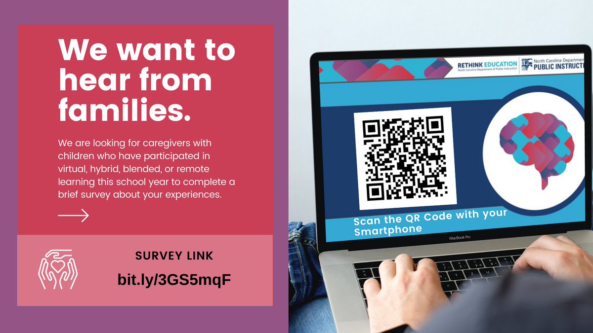 Are you a caregiver of a child who has participated in remote or hybrid learning this school year?  Please share your experiences by taking this brief survey. Your feedback will help us better support families across NC. bit.ly/3GS5mqF #NCRethinkEd <a href="/ncpublicschools/">NC Public Schools</a>
