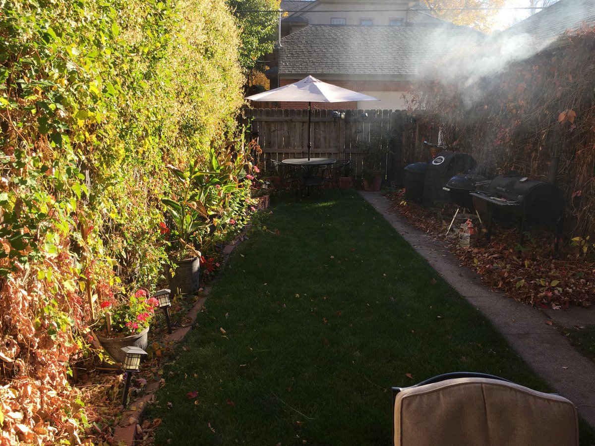 VanSavant's tweet photo. Smokey and 70* at Chez Van Bastardo. Pork shoulder on the rig. Flowers still in bloom. #colorado #indiansummer #isthatracist? #lol https://t.co/KDCdz7YOHz