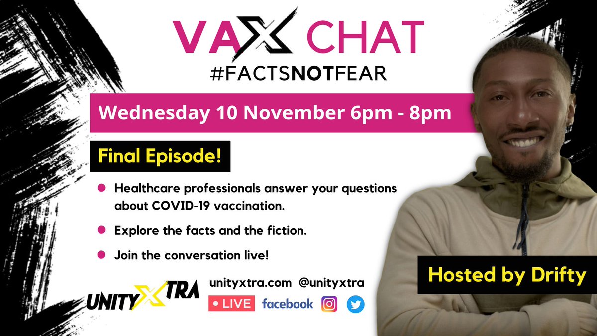 UnityXtra's tweet image. Join @DriftyArtist next Wednesday for our final episode of #VaxChat! We will be joined by medical professionals &amp;amp; young people to discuss your questions on the #Covid #vaccines. Live on Facebook, Twitter &amp;amp; Instagram!
#factsnotfear @haringeycouncil