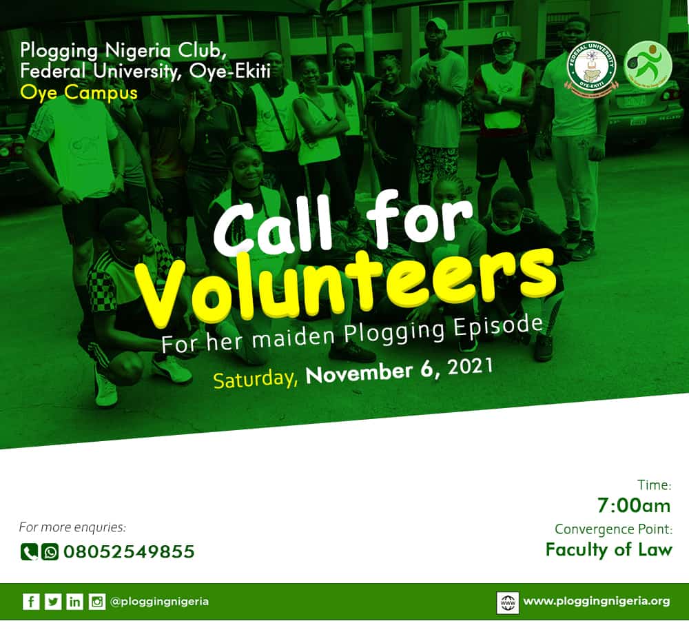 ploggingnigeria's tweet photo. Maiden Plogging Episode going down tomorrow at FUOYE, Oye Campus! 🥳
Contact us if you're around and would like to volunteer. 🙋♀️🙋🏽♂️
#PloggingClubFUOYE
#PES1
#PloggingNigeria https://t.co/sqe3qFHaZd