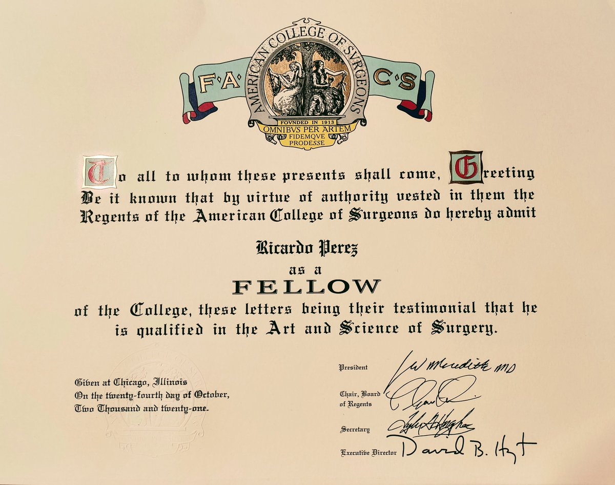przricardoMD's tweet photo. Very proud to be a Fellow of the American College of Surgeons and write "FACS" at the end of my name. This is the way to continue growing and advancing for those who come behind. Thank you @SWexner  and @EdgarFi91496090 #ACS #SurgeonStrong #FACS #americancollegueofsurgeons https://t.co/rN15AI2sLa