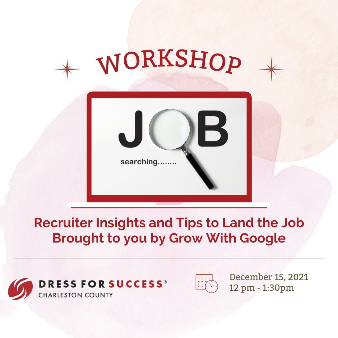 Who's ready to supercharge your job search for the year ahead? We are offering another opportunity to #growwithgoogle on Wednesday, December 15. Register for this FREE workshop here- bit.ly/3qaUnmn✨
#dressforsuccess #charleston #jobhunting #careers #WomenSupportingWomen