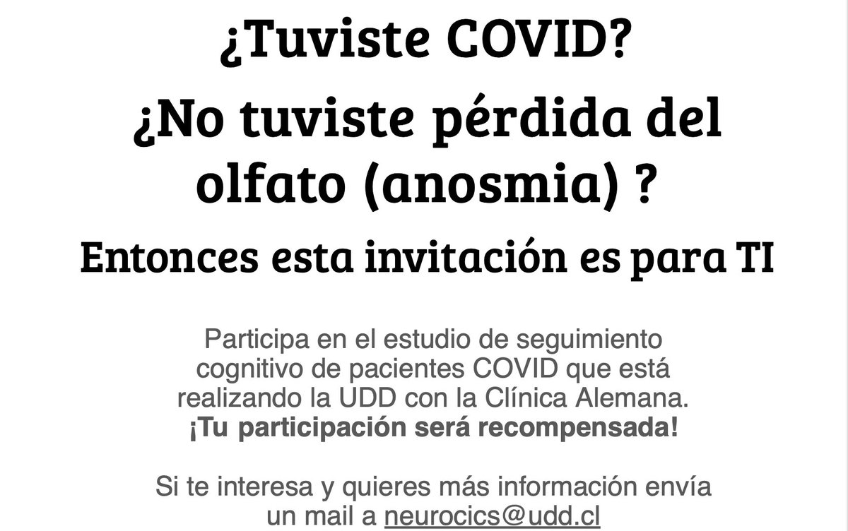 ¿Tuviste COVID?
¿No tuviste pérdida del olfato (anosmia)? Participa en el estudio de seguimiento cognitivo de pacientes COVID que está realizando la UDD con la Clínica Alemana. ¡Tu participación será recompensada!
Si te interesa y quieres más información envía un DM