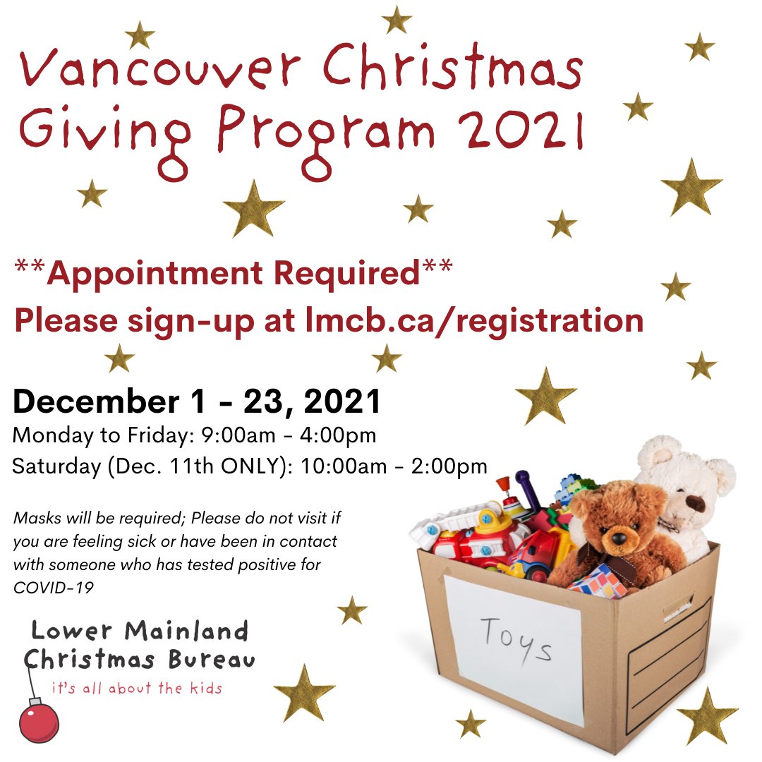 Appointments are OPEN! 
An appointment is required to register for Christmas assistance for low-income families &amp; families on income assistance. To be eligible you must live in Vancouver &amp; have children from 0-18 yrs old.  
To sign-up, please visit: lmcb.ca/registration