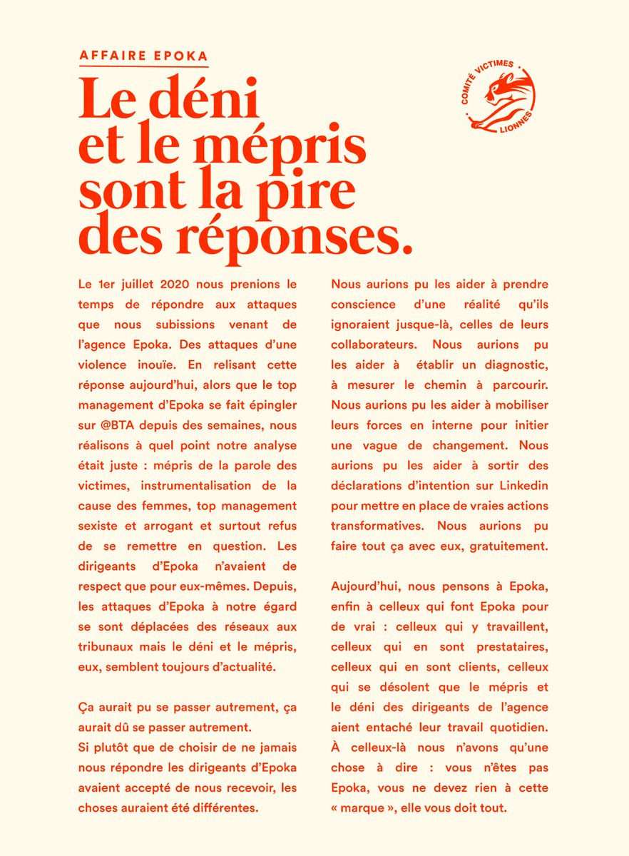 LesLionnesFR's tweet photo. Le déni et le mépris sont la pire des réponses @epoka_agency.
Les choses auraient pu, et auraient dû se passer autrement. Vous êtes de nouveau épinglés, nous remettons du contexte. 
@cindygallop @agency_ton 
 #sexism #victims #advertising https://t.co/TUYDAHxQbg