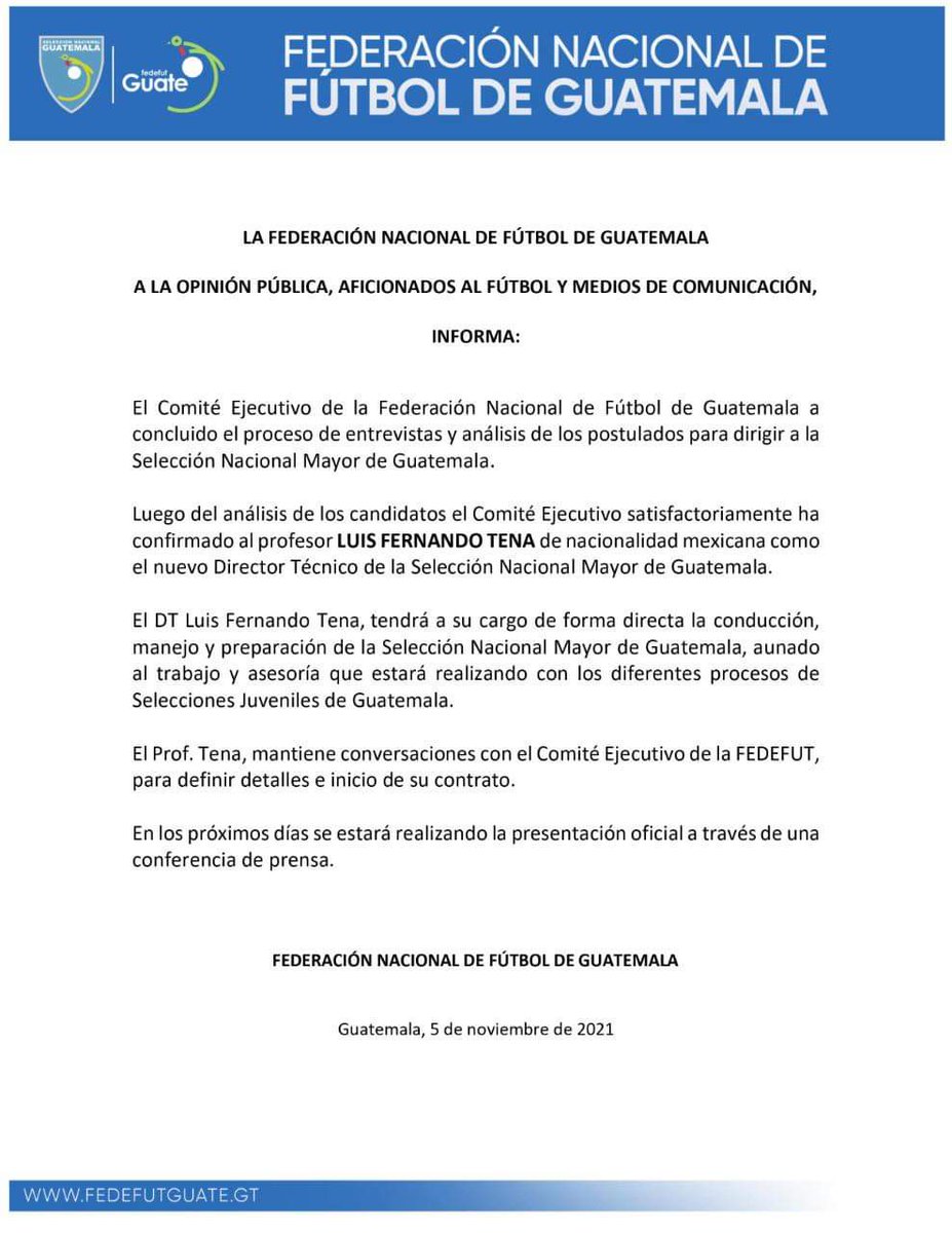 guateplusgt's tweet photo. #Deportes| ⚽️FEDEFUT emite comunicado donde nombran al mexicano Luis Fernando Tena, como nuevo Director Técnico de la selección nacional mayor de Guatemala. https://t.co/DbUvEwth6W