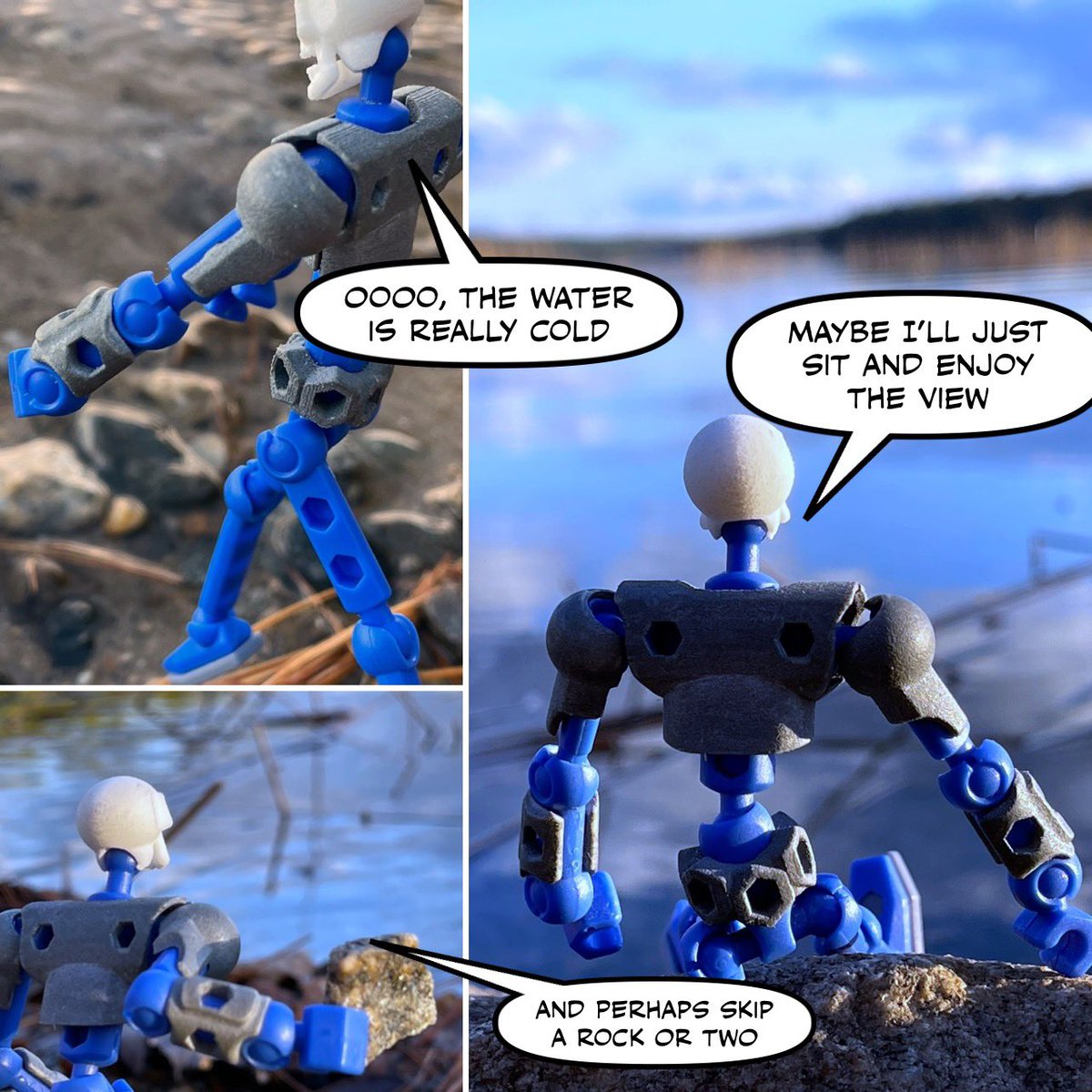 AdventuresofES's tweet photo. Chilly day out by the water. 
#modibot #adventures #newhampshire #water #toyphotography #toyphotographer #toycommunity #photocomic #skippingrocks #dipyourtoes https://t.co/y5jXFAHtIC