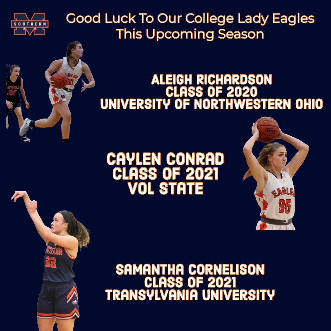 Good luck to our Lady Eagle alumni who are playing at the next level!

Aleigh Richardson (<a href="/cat_aleigh/">Aleigh.Richardson</a>) -University of Northwestern Ohio

Caylen Conrad (<a href="/caylenjolee29/">caylen</a>) -Vol State

Samantha Cornelison (<a href="/samantha_220/">samantha cornelison</a>) -Transylvania University 

We are so proud of you all! 🦅🏀