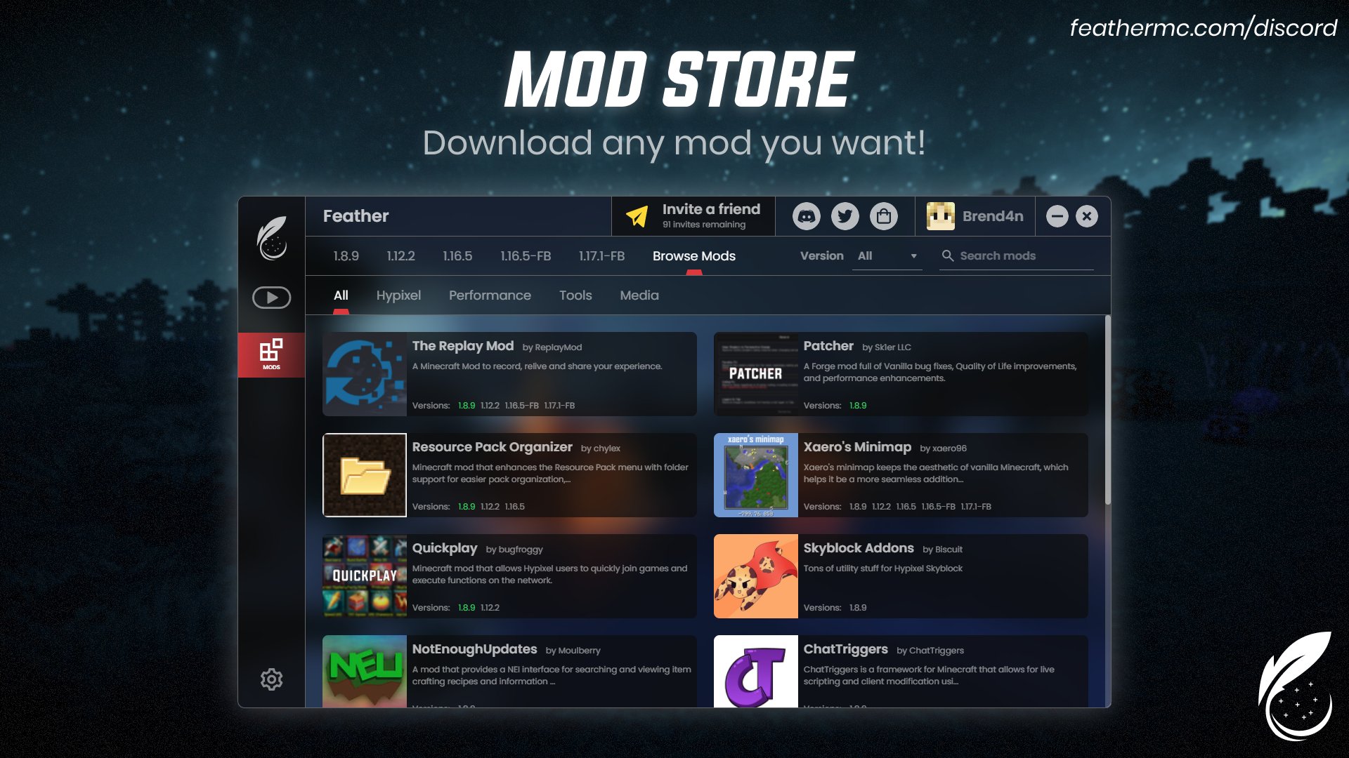 Feather Client Download Any Mod You Want Easily From Our Mod Store Up To Date Skyblock Mods Replay Mod We Have It All Retweet Like Follow And Comment What