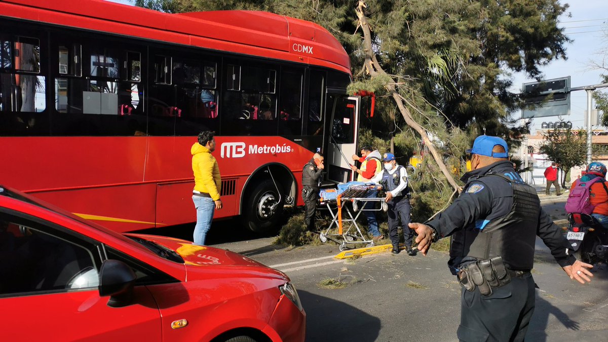 canal6tv's tweet photo. 💥Ocho personas resultaron lesionadas esta mañana luego de que una unidad del Metrobús chocara contra un árbol en Av. Francisco Morazán, en @TuAlcaldiaGAM. Al respecto, el #Metrobús informó que el accidente fue provocado por un motociclista que invadió el carril y huyó del lugar. https://t.co/uteDCZJ5Ny