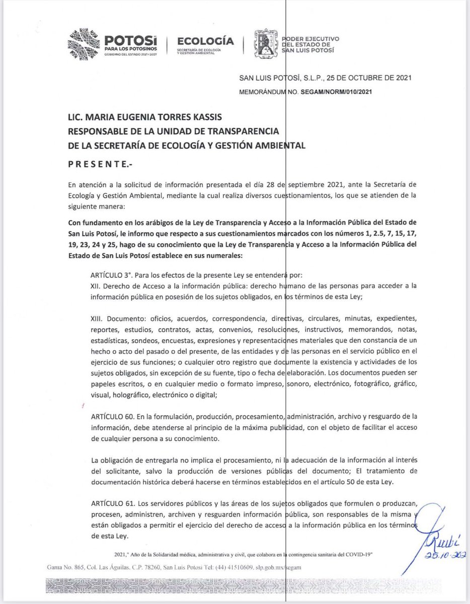 cambioderutaslp's tweet photo. 📌 RESPUESTA del Titular de la @SEGAM_SLP a la Solicitud de posicionamiento que le realizó Cambio de Ruta. https://t.co/zfdjAAhyOF