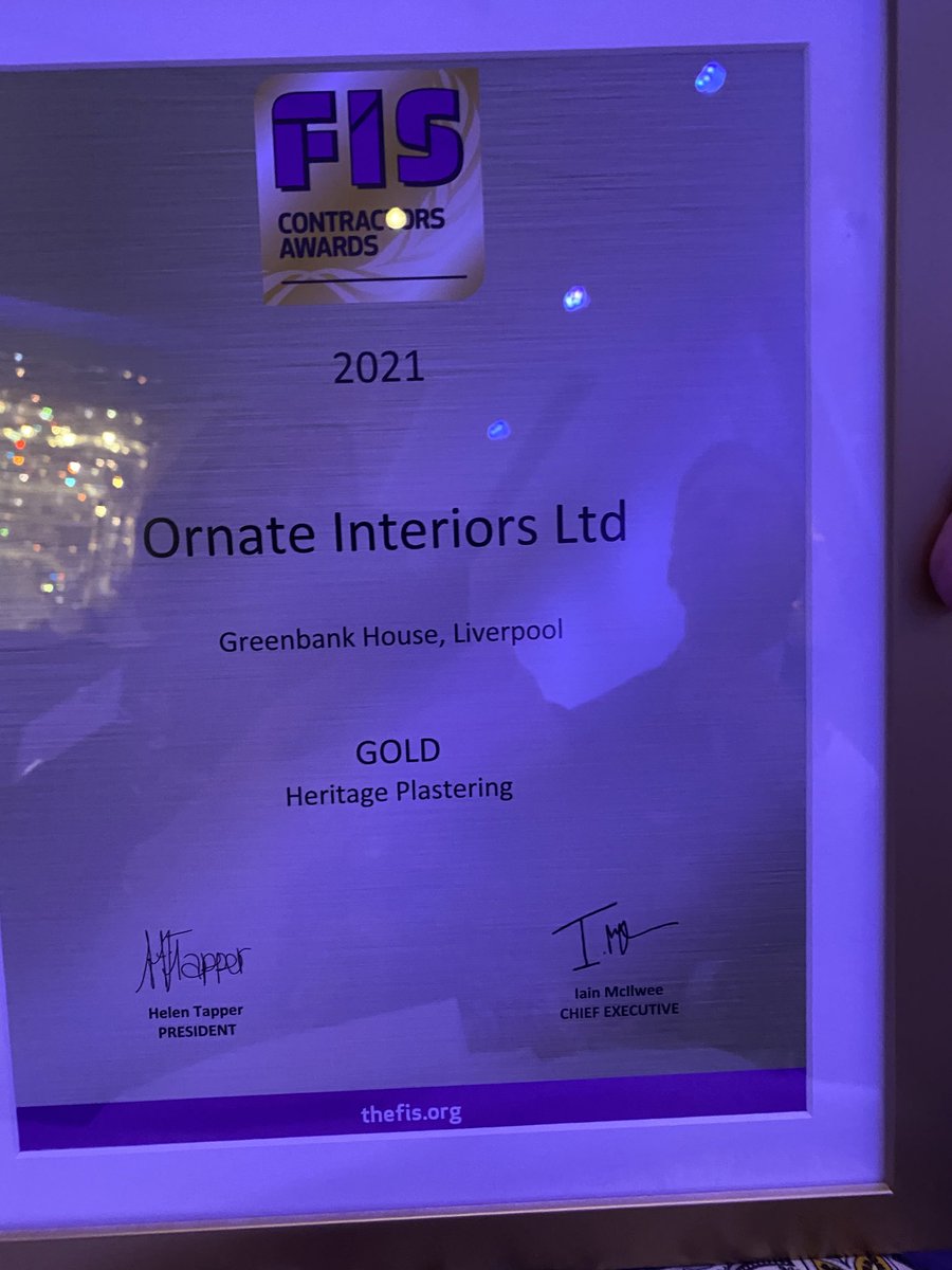 Delighted to have won Gold in the #heritage plastering category at the #fisawards. I’ve had the pleasure of accepting this award on behalf of our amazing team #teamwork