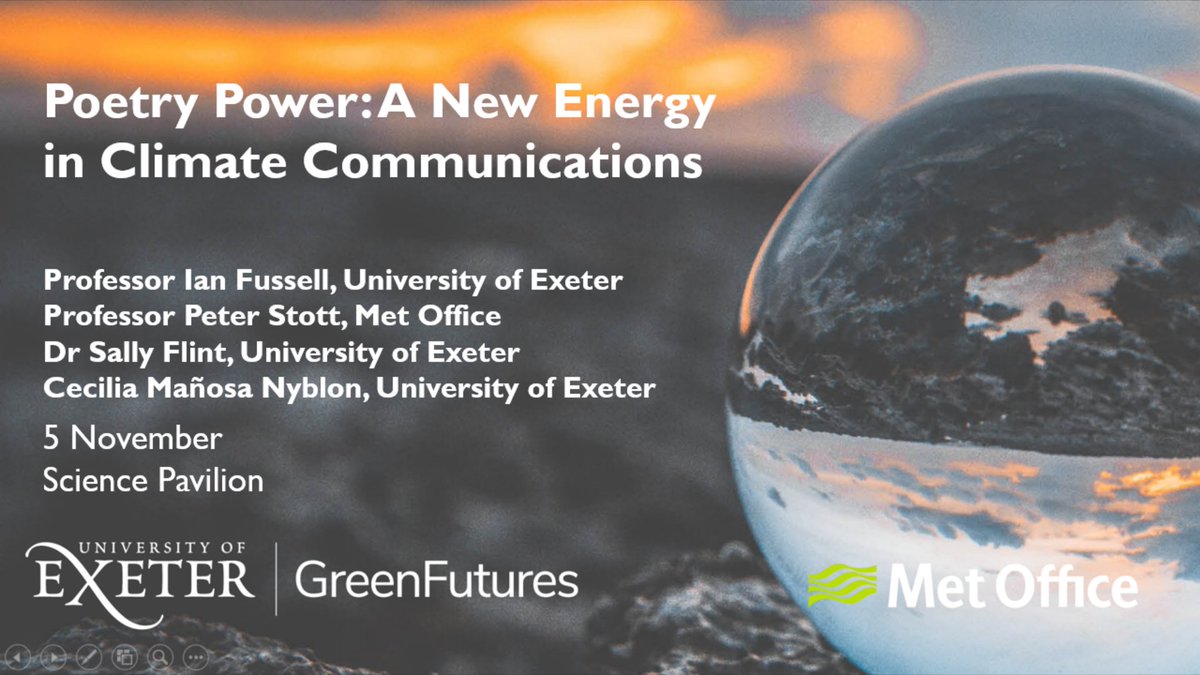 This evening at #COP26, Prof @ianfussell, Dr Sally Flint, Cecilia Mañosa Nyblon and Prof Peter Stott from @Metoffice present Poetry Power: A New Energy in Climate Communications at 6pm in the Science Pavilion. Watch along at bit.ly/3pZQZKU