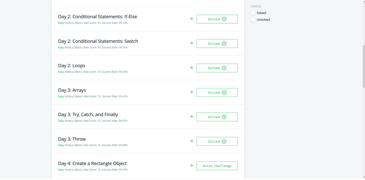 itsRohitTewari's tweet image. Day 4 of #10DaysOfJavaScript
Problems solved on @HackerRank:
- Arrays
- Try, Catch, and Finally
- Throw
#JavaScript #CodeNewbie #learning