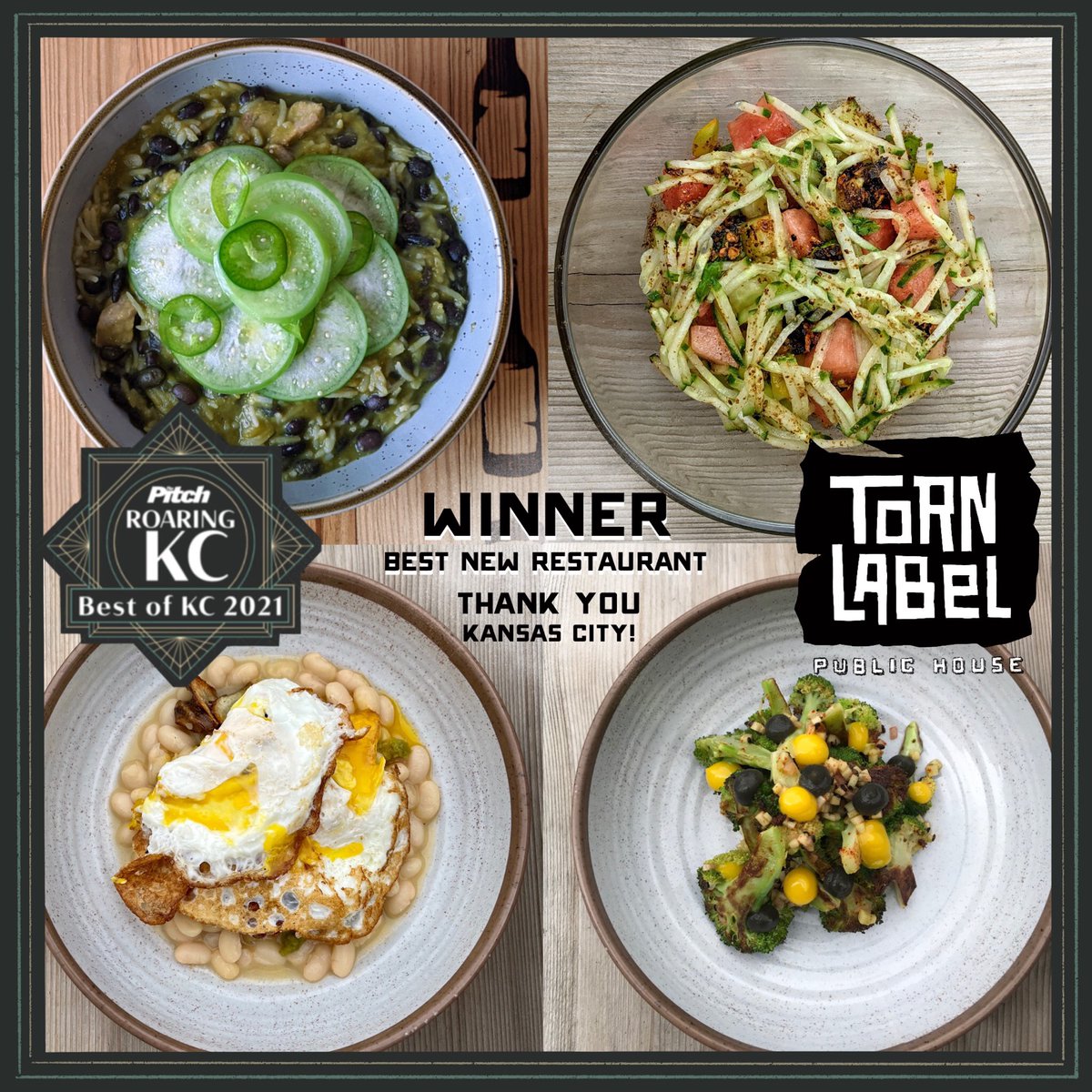 Thank you Kansas City - we are honored that you have voted Torn Label Public House as KC's Best New Restaurant! Come by this weekend and taste the ambitious and creative yet alway approachable fare from our Chef, Vince Brink, himself the runner-up for Best New Chef.