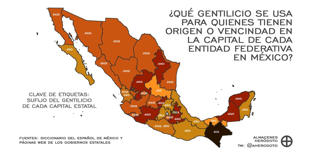 De la serie ¿Gentilicios y sufijos? compartimos un mapa para las capitales de las Entidades Federativas en México. Recuerda: este próximo lunes ya es la inauguración del XXXVIII <a href="/ENEGmx/">Encuentro Nacional de Estudiantes de Geografía</a> en formato virtual 😎🗺.