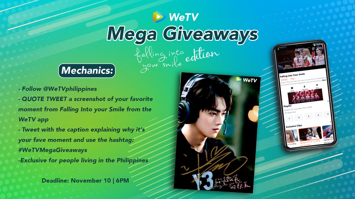 WeTVPhilippines's tweet photo. 🎉 The next round of #WeTVPinas Mega Giveaways is here!  🎉

Follow the mechanics below and maybe you will be the lucky ONE who gets the #XuKai signed photo of #FallingIntoYourSmile.

Deadline: November 10, 6PM.

Join the activity now!

#WeTVMegaGiveaways 
#WeTVAlwaysMore https://t.co/FGCjai2Xd9